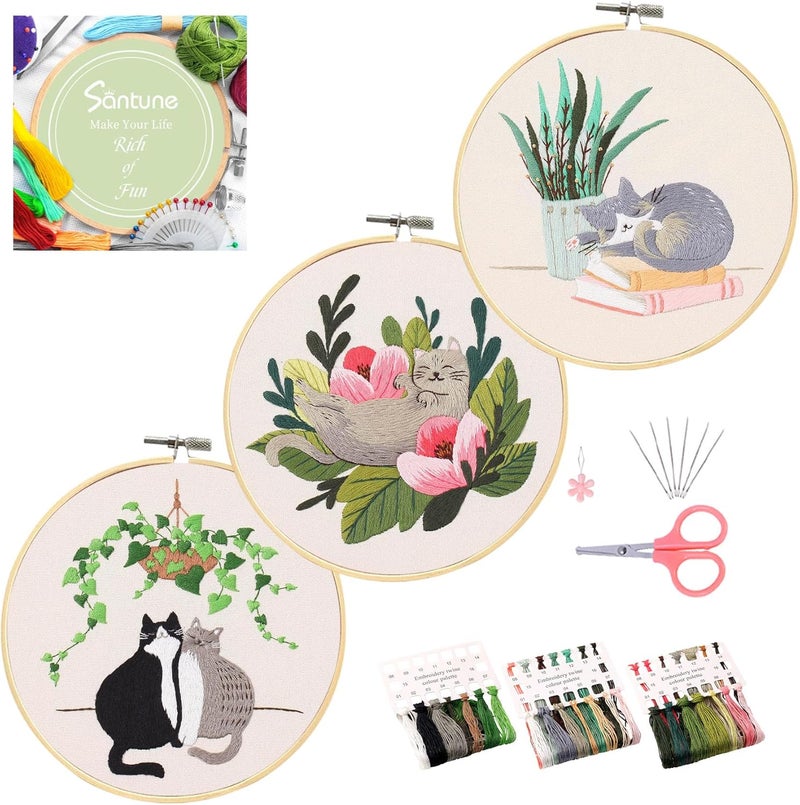 Santune 3 Pack Embroidery Kit for Beginners with Pattern, Cross Stitch Kits for Adults with Instructions,Needlepoint Kits for Adults Include 1 Embroidery Hoops,Color Threads and Needles(Cat) - Image 1